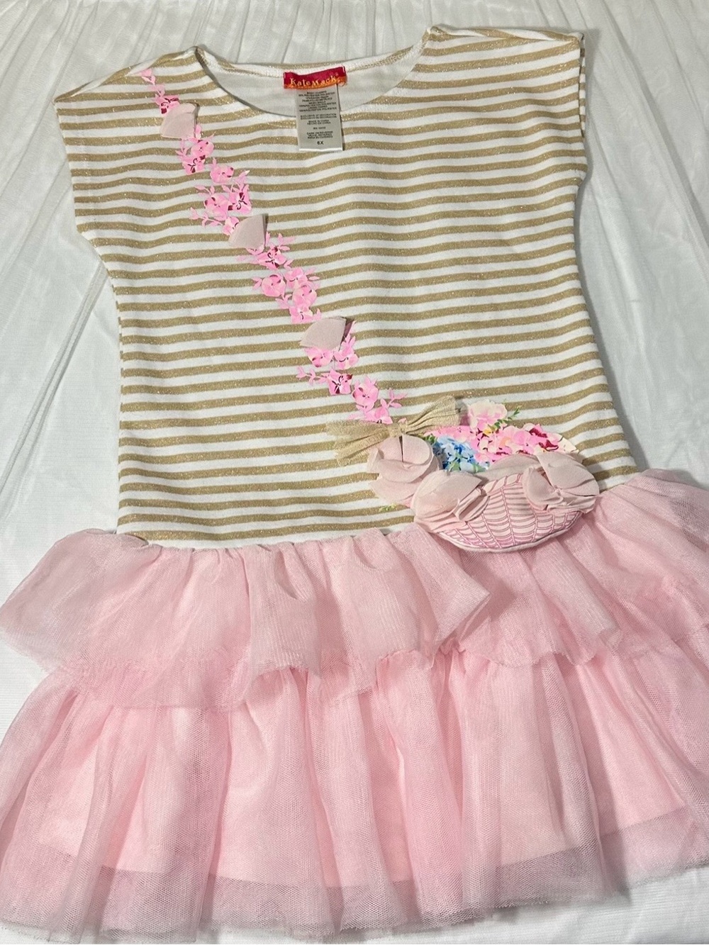 Kate Mack Gold Metallic Striped Pink Tutu Dress Size 6X HTF Vintage